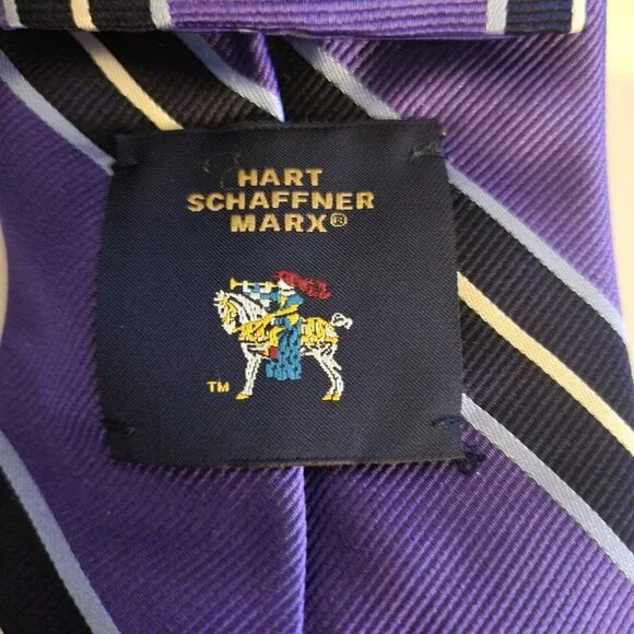 HART SCHAFFNER MARX Men's 100% Silk Necktie Amethyst Black Stripe 60" X 3.25" - Picture 4 of 4